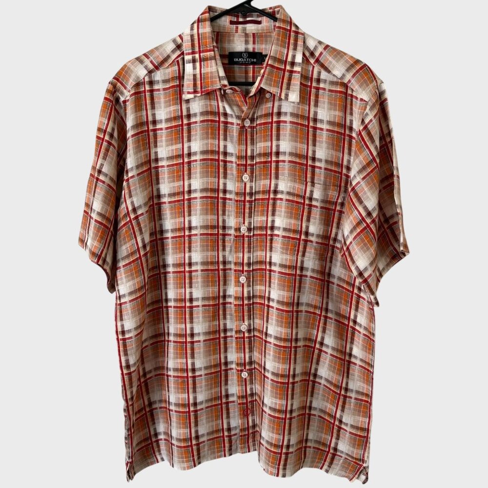 Bugatchi Orson Plaid Check Linen Shirt Orange Men's Large Short-Sleeve Button-Up